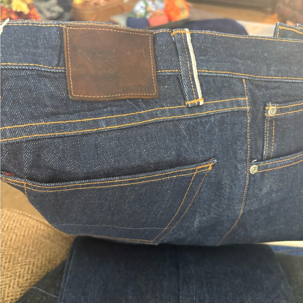 Gustin Men Jeans Straight in Dark Indigo with Brown Leather Patch